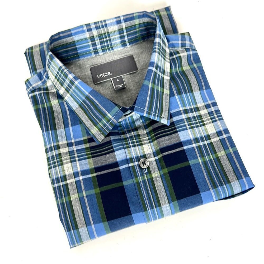Nwt New Vince Cotton Button Down Shirt Plaid Blue Green Green Size S